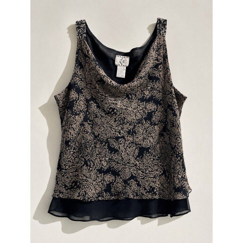 Y2K ECI Silk Tank Top 2X Womens Floral Sequin Beaded Black Boho Fairycore Grunge